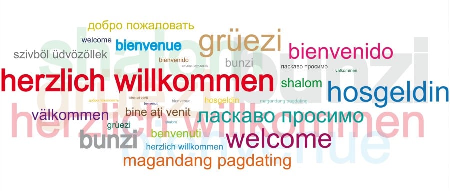 The word welcome printed in various languages