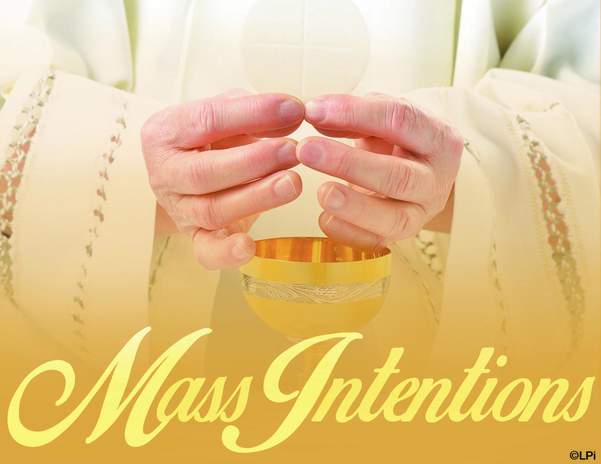 Photo of the host and chalice with the text "Mass Intentions"
