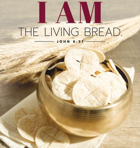 A photo of a chalice and hosts with the text "I am the Living Bread".