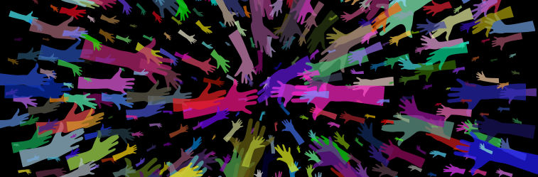 Graphic of many outstretched hands in many colours