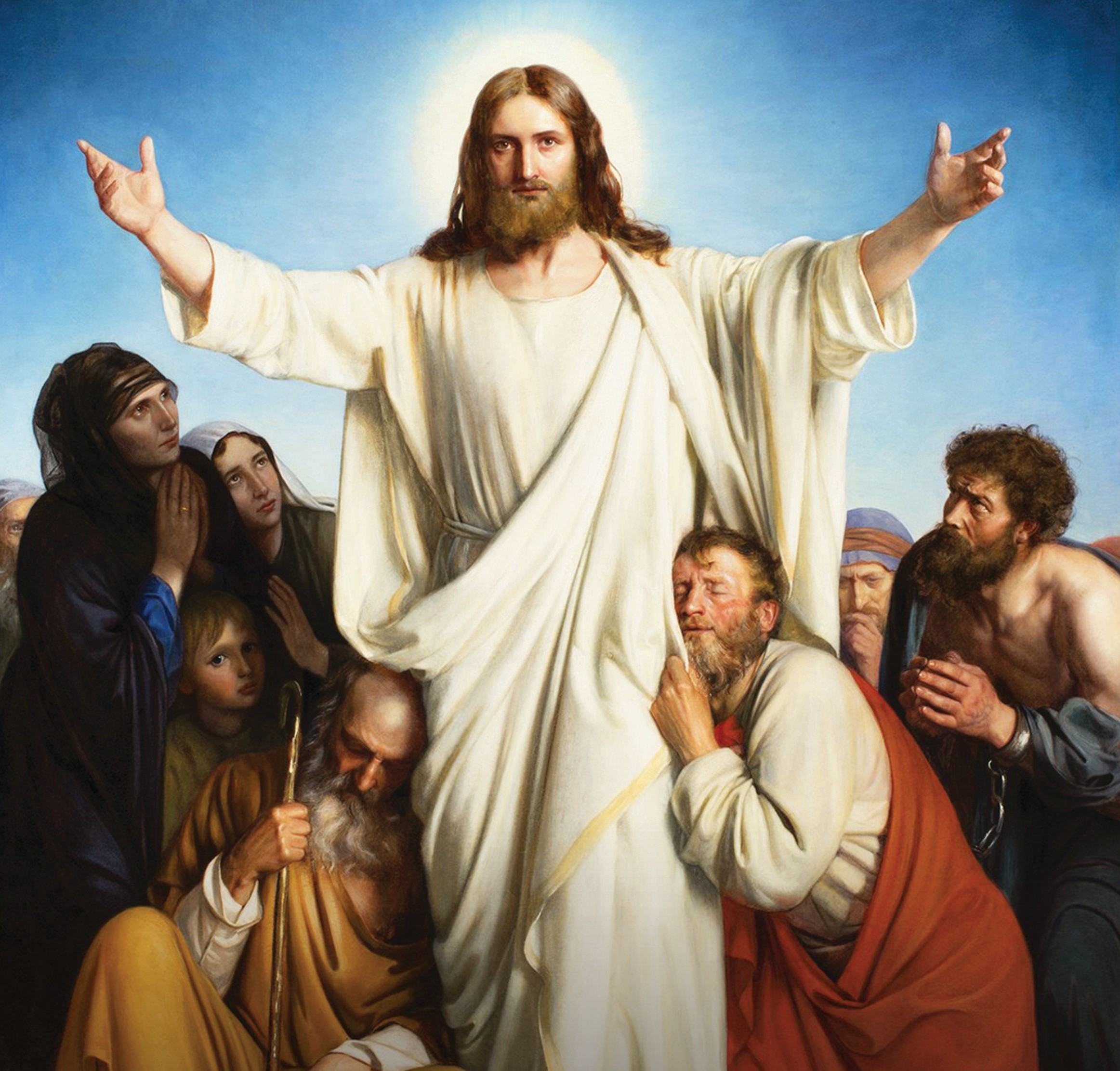 Illustration of Jesus with outstretched arms in a crowd