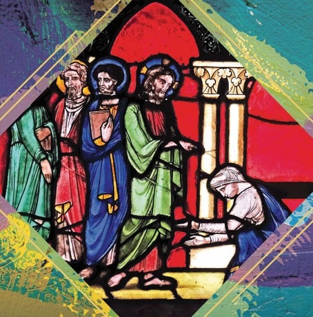 Stained glass depicting Jesus being approached by the Canaanite woman