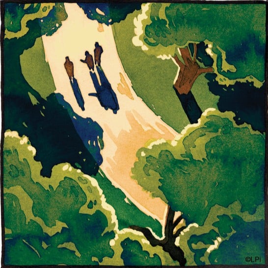 Illustration of Jesus and the two disciples on the road to Emmaus