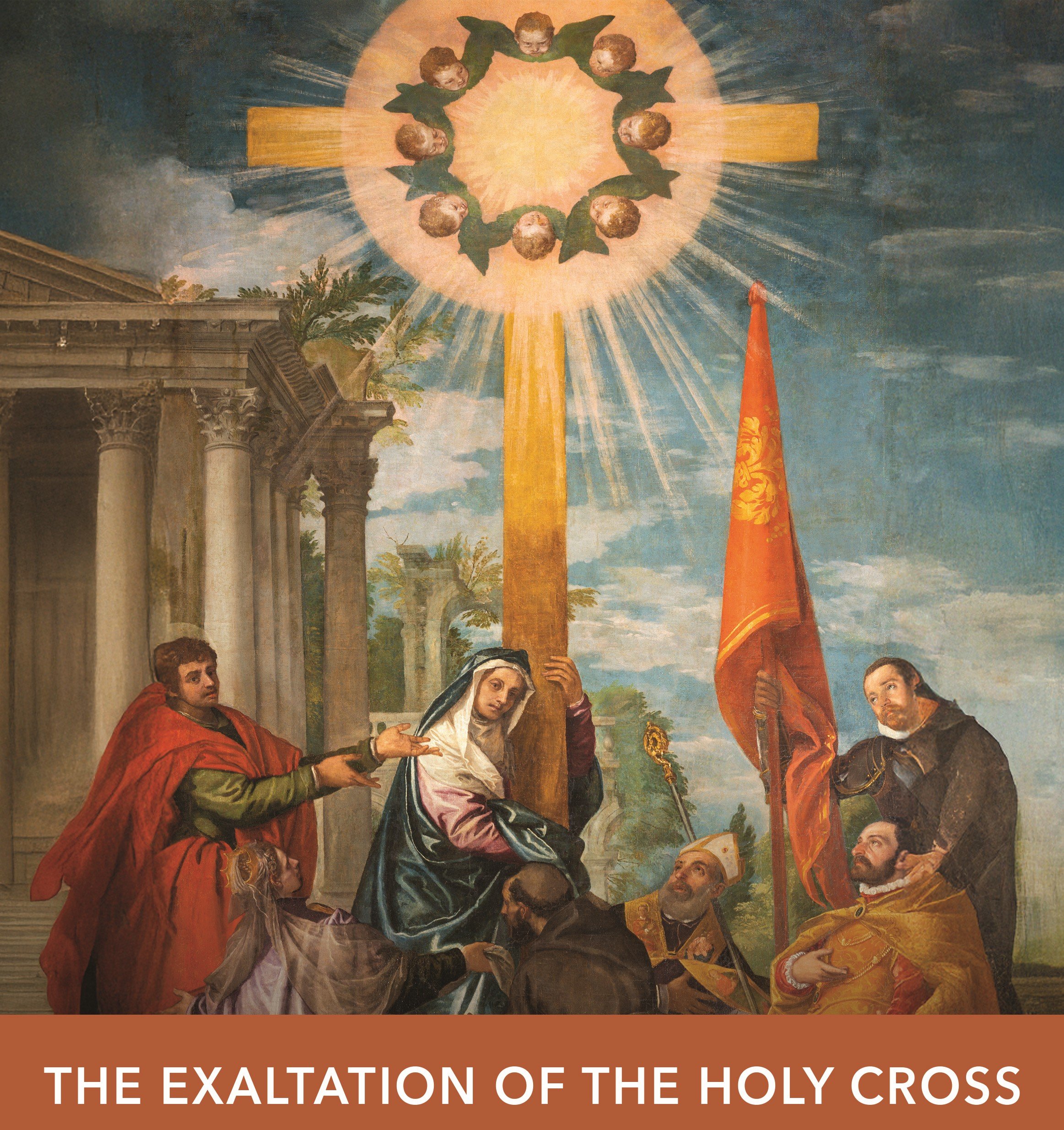 Painting depicting Mary with saints and dignitaries at the foot of the cross.
