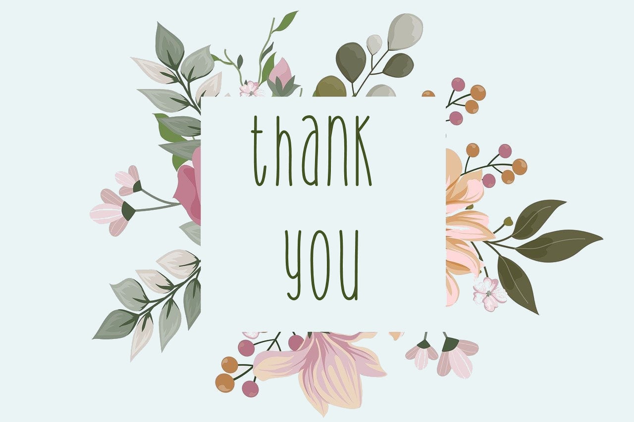 Illustrated floral spray with text "Thank You".