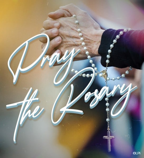 Photo of hands holding a rosary and the text Pray the Rosary