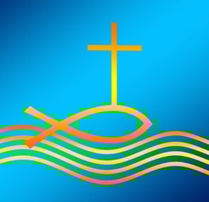 Graphic of a fish in water with a cross
